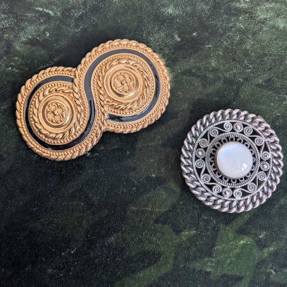 Two Vintage Statement Belt Buckles Retro Gold Tone Silver Colored